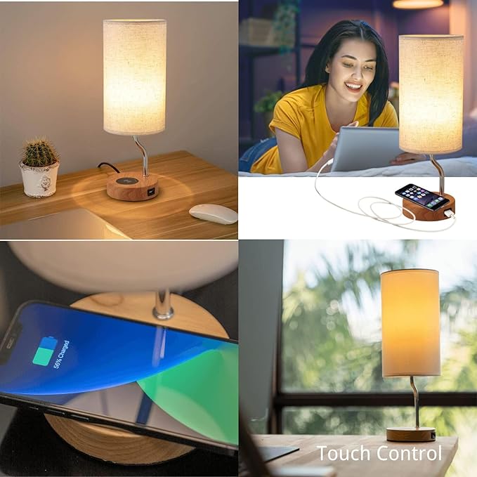 Upgraded Smart Bedside Table Lamp with Wireless Charger & USB Port - Touch Control LED Desk Lamp for Bedroom, Dimmable Wooden Nightstand Lamp with Fabric Shade for Home Living Room, Kid's Room Cream