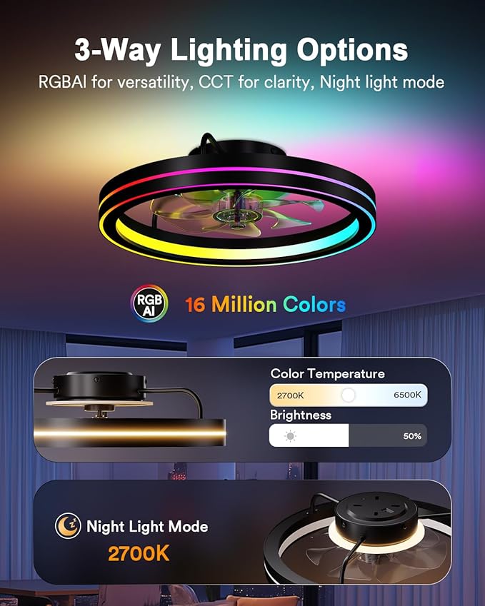 Lumary Smart Ceiling Fan Light with 2200K Nightlight, WiFi & Bluetooth Low Profile Ceiling Fan with Light Remote for Bedroom, RGBAI & 42 Scenes Mode, Flush Mount Easy to Install, 5000 LM, 19in Black