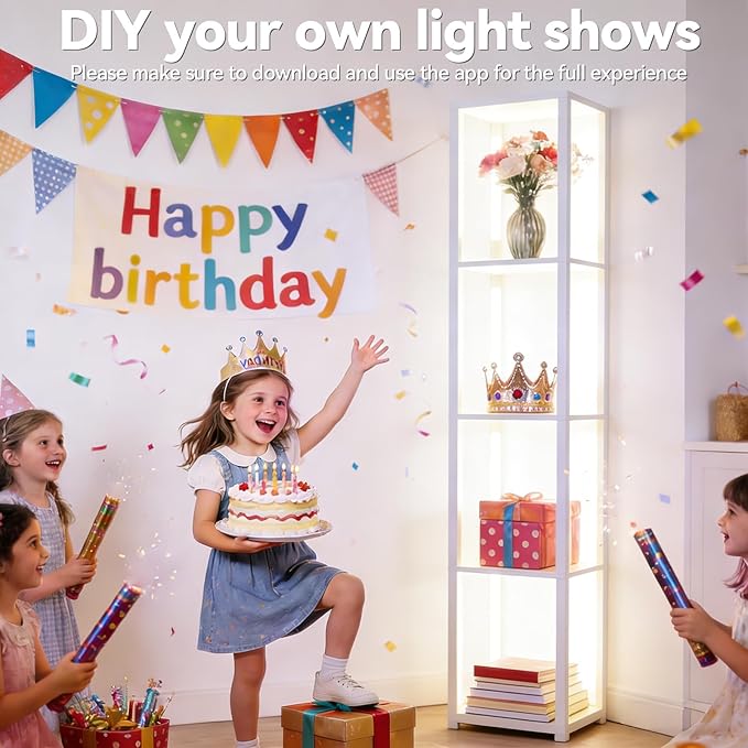 RGBCW Floor Lamp with Shelves, Smart Modern Floor Lamp with Music Sync, LED Color Changing Corner Display Shelf Lamp, Tall Lamps for Living Room and Bedroom, Bookshelf Lamp, White