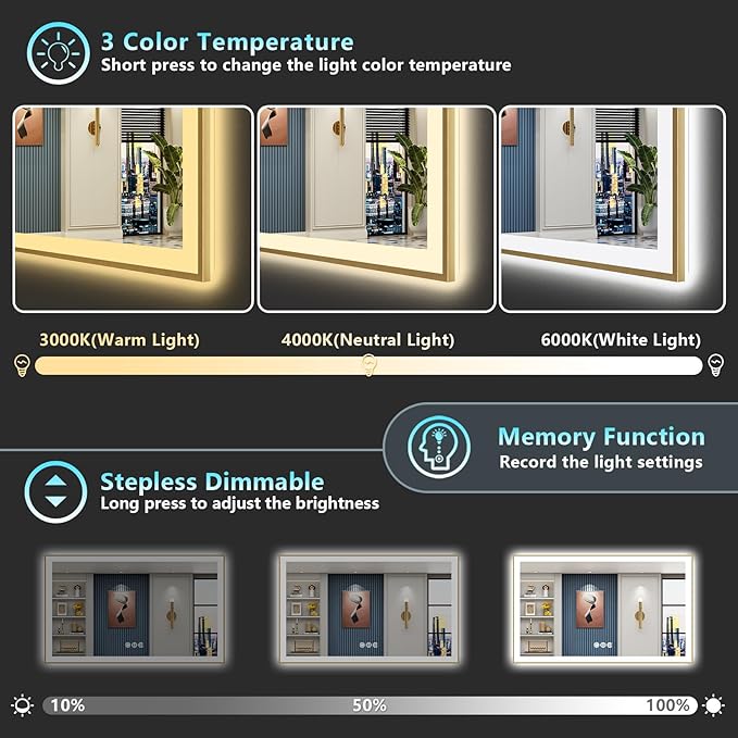 60x40 Gold LED Bathroom Mirror with Lights, Brushed Gold Framed Backlit and Front Lit Anti-Fog Lighted Vanity Mirrors for Bathroom Wall, Dimmable, 3 Colors, Memory, HD Tempered Glass, CRI＞90