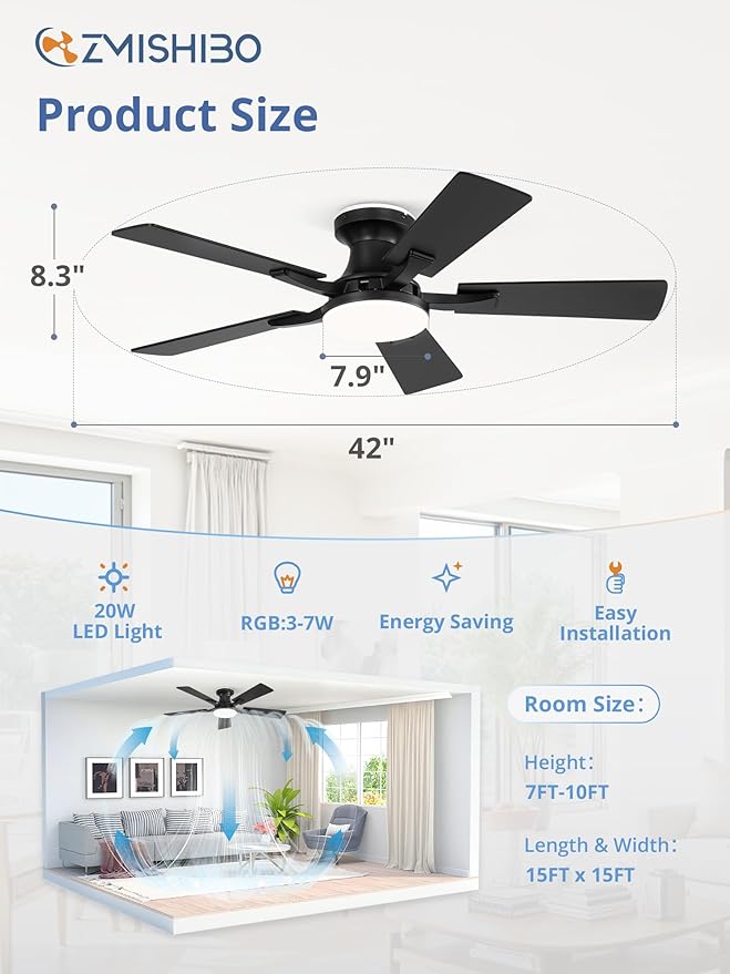 ZMISHIBO 42 Inch Ceiling Fans with RGB Lights, Low Profile Flush Mount Ceiling Fan with Alexa/App/Remote, Dimmable 20W LED Light, Black Modern Fan for Living Room, Bedroom, Game Room