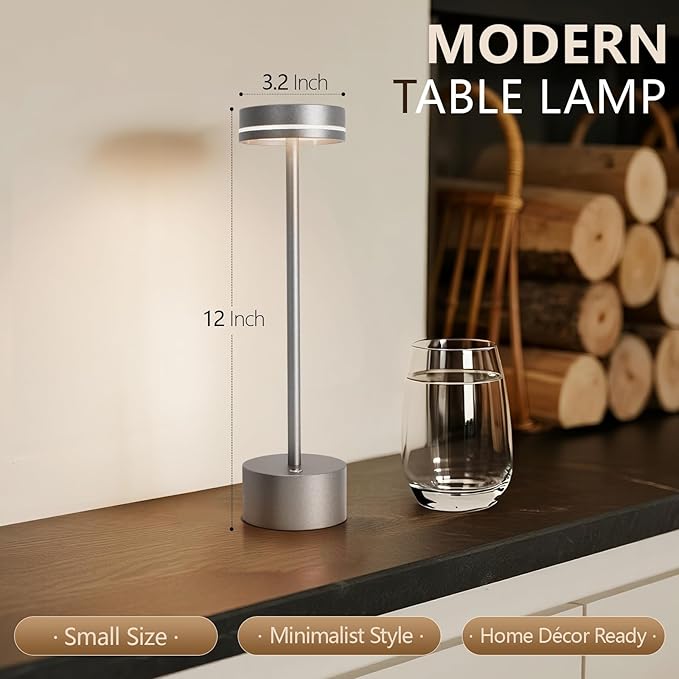 Cordl ess Table Lamp Rechargeable, Touch Desk Lamp with 5000mAh Battery, 3 Color Dimmable Light, Small Portable Aluminum Light for Outdoor/Patio/Dining/Tabletop/Bar, Home Decor (Silvery 2PK)