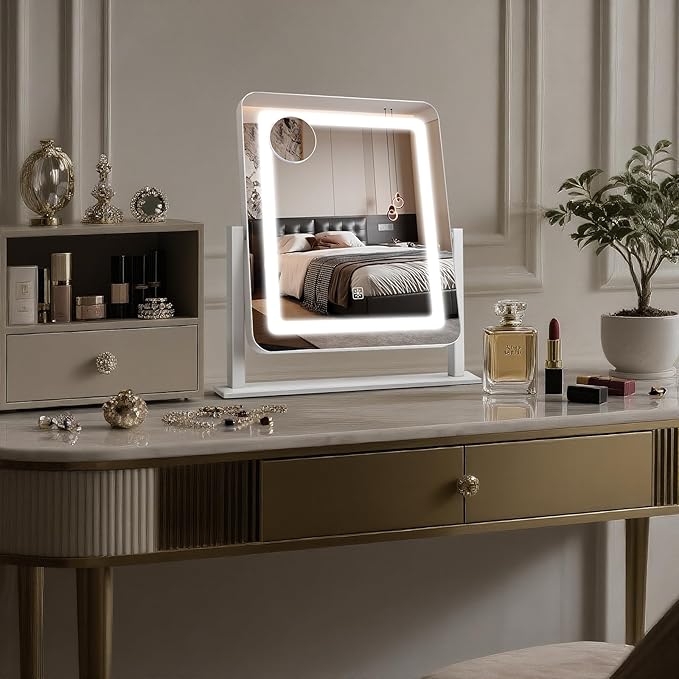 Vanity Mirror with Lights, 15"×12.2" Large LED Makeup Mirror with Light, HD Mirror, Smart Touch with 3-Color Lighting, Dimmable, 360° Rotation, Lighted Up for Vanity Desk Tabletop, Bedroom (White)