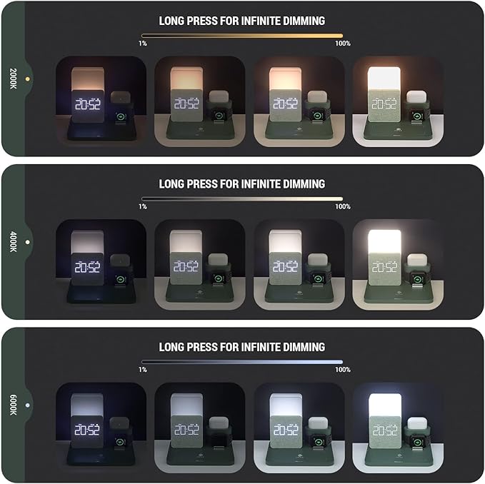 Wireless Charging Station, iPhone 3 in 1 Fast 15W Wireless Charger with Alarm Clock and Night Light, Charging Dock for iPhone 12/13/14/15/16/17 Pro/Pro Max, Samsung, AirPods
