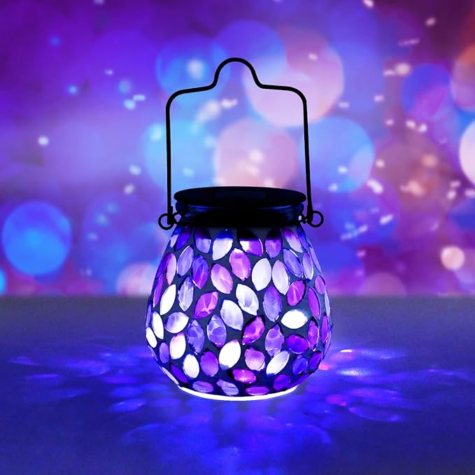 Bshine Mosaic Solar Lantern Outdoor Hanging Waterproof, Purple Mosaic Light Indoor Decorative Table, Garden Decor for Yard Outside, Path, Courtyard, Lawn, Birthday Gift for Mom Women Gardening