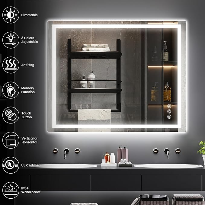32"x 40" Bathroom Mirror for Over Sink, Anti-Fog LED Bathroom Mirror with Lights, Memory 3 Colors Modes & Dimmable Bathroom Vanity Mirror