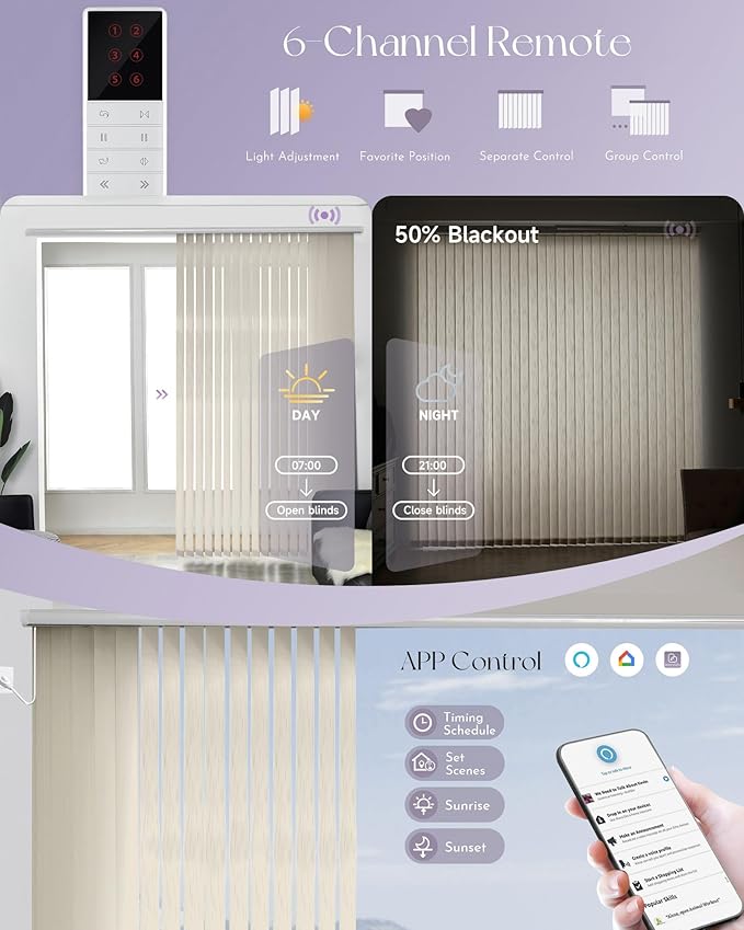 Graywind Motorized Half Shading Vertical Blinds Compatible with Alexa Google Privacy Smart Vertical Blind Remote Control Track Slats Set for Sliding Door With Valance, Width Up To 157", Textured Beige