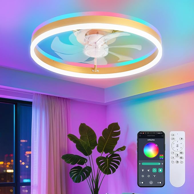STERREN RGB Ceiling Fan with Light, 20'' Low Profile Ceiling Fans with Remote Control, Smart Gold Flush Mount LED Fan Light, Modern Bladeless Fandelier for Bedroom, Living Room, Kitchen