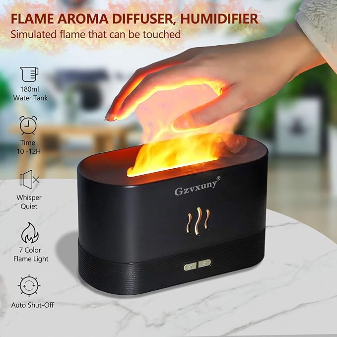 Flame Essential Oil Diffuser, Upgrade 7 Colour Lights Aromatherapy Diffuser, Super Quiet Air Humidifier, Electric Aroma Diffuser, Waterless Auto-Off for Home Office Room - Black