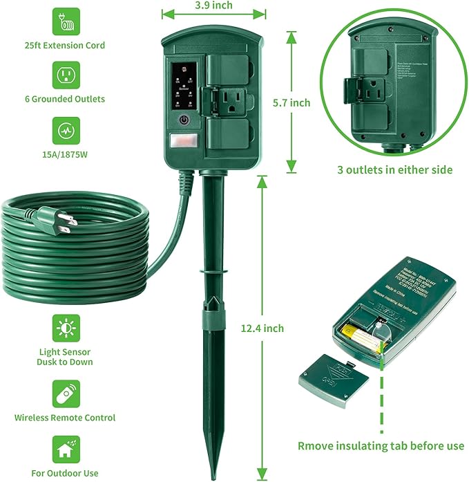 Outdoor Power Stake Timer for Christmas Light Decorations Waterproof, Dusk to Dawn, Outdoor Power Strip with 6 Outlets, 1875W/15A, 100FT Wireless Remote Control, 25FT Extension Cord, Heavy Duty