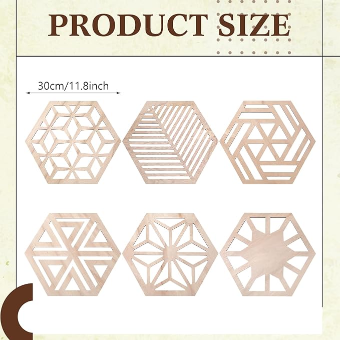 Ripeng 6 Pcs 11.8 Inch Boho Hexagon Wall Decor Farmhouse Wood Earthy Hexagon Wall Panels Modern Hollow Carved Design Rustic Abstract Decor for Living Room Kitchen Bedroom(6 Style)