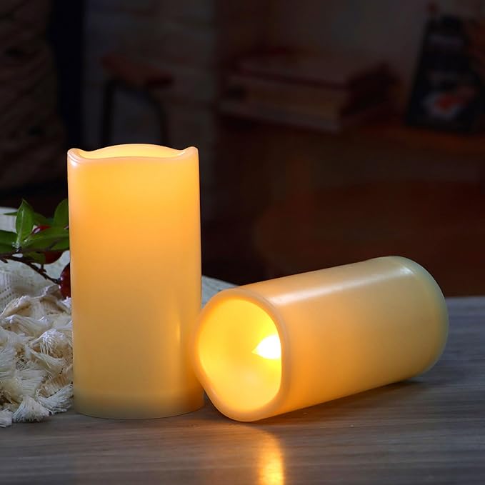 CANDLE CHOICE Waterproof Outdoor Battery Operated Flameless Candles with Remote Timer Plastic Flickering Fake Electric LED Pillars for Lantern Garden Wedding Christmas Decorations 3x5 Inches 2 PCS