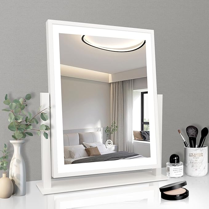 Beelux Vanity Mirror with Lights,15.3" Makeup Mirror with Light Smart Touch Control Dimmable 3 Modes Lighted LED Mirror 360°Rotation White for Christmas Birthday Thanksgiving Mother's Day