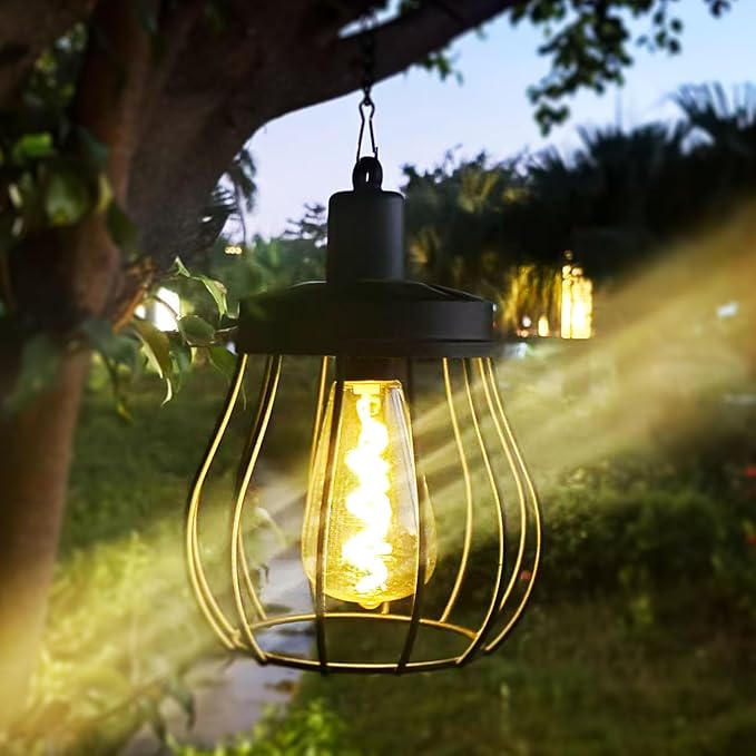 Solar Lantern Outdoor Hanging Lights Upgraded Edison Bulb Design Waterproof LED Lighting Metal Solar Powered Lanterns for Women Mom Grandma for Yard Garden Decor Gifts