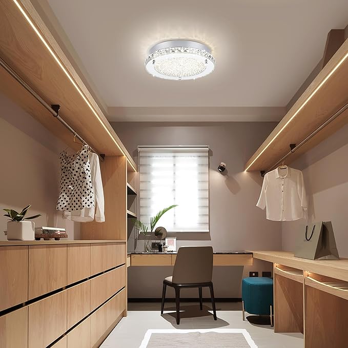Flush Mount Ceiling Light LED Crystal Ceiling Light Fixture Modern 13 Inch Kitchen Lighting Fixtures Ceiling for Bedroom, Hallway, Porch, Dimmable and 3 Color Change