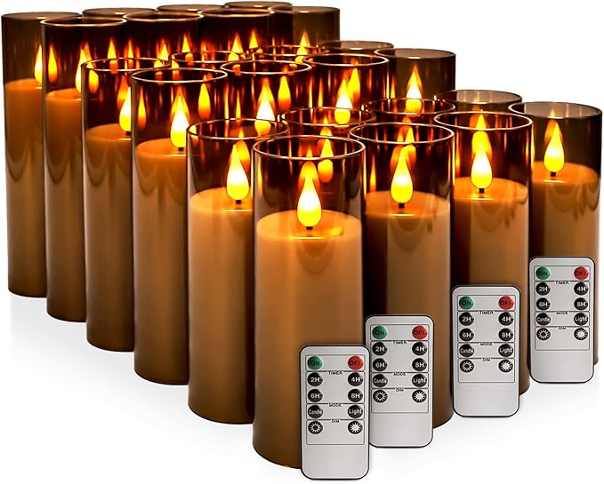 24 Pack LED Gray Flameless Candles with Remote, 3D Flickering Battery Operated Candles in Glass Holders, Safe for Weddings, Parties, Home and Outdoor Decor.