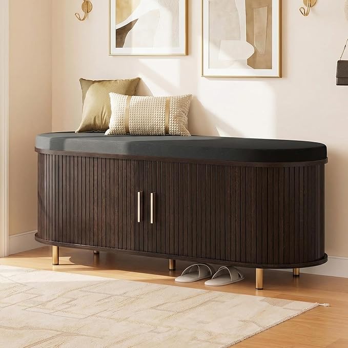 Entryway Bench with Storage: 43.31" Wooden Bedroom Shoe Bench with Thickened Padded Seat Cushion, Mid Century Modern Fluted Sliding Door and Adjustable Shelf, for Entryway, Living Room