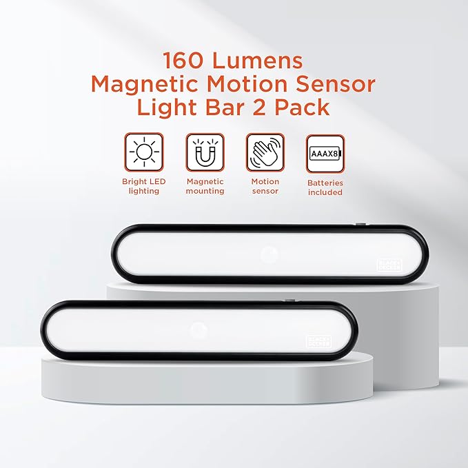 BLACK+DECKER 2-Pack LED Light Bars, 160LM Touchless Motion Sensor Lights, Magnetic Mount LED Strip Lights, Battery Powered Slim Portable Lights for Closet, Garage, Shelf, Indoor