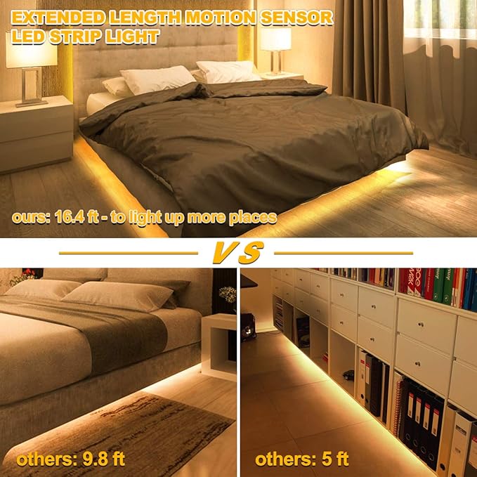 Motion Activated LED Strip Lights,RGH LIGHTING 16.4ft LED Light Strip with Day or Night 2 Lighting Modes,3 Timing Off Modes,Cozy Warm White 12v Plug-in LED Rope Lights for Under Cabinet,Kitchen,Stair