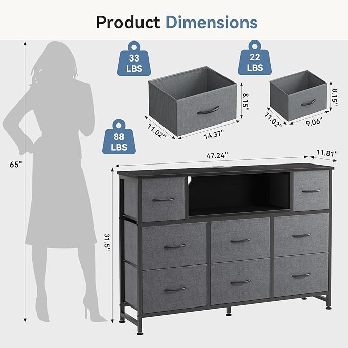 DUMOS TV Stand Dresser with 8 Fabric Drawers and Open Shelves, LED Entertainment Center with Charging Station, Wood Top Media Console for 45-55 inch, Bedroom, Grey