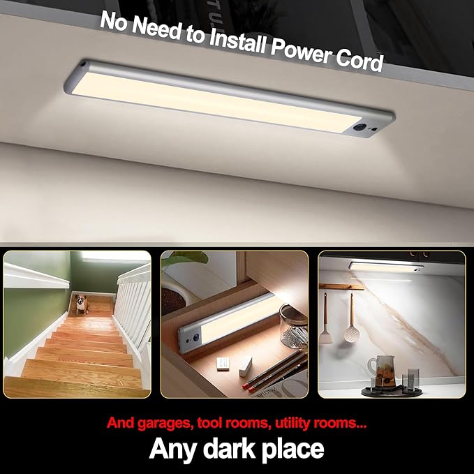 HL Under Cabinet Lighting, LED Motion Sensor Light Indoor, Rechargeable Closet Lights Wireless, Magnetic with Remote Dimmable Under Counter Lights for Kitchen Stairs Warm White 2Pack