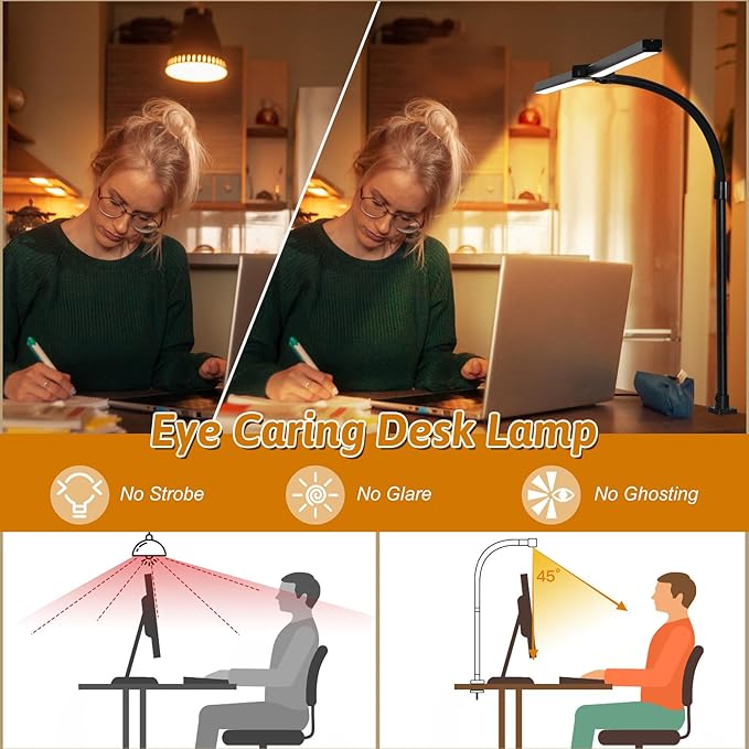 Small Desk Lamp for Office Dorm Home - Eye Caring Desk Light 18W Brightest Gooseneck Dimmable Table lamp with Anti-Glare Cover Clamp(No Remote)