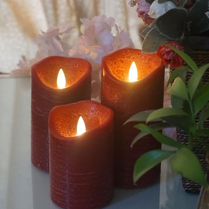 CANDLE CHOICE Battery Operated Flameless Candles with Timer Real Wax Realistic Flickering Electric LED Pillars Automatic Built-in Daily Cycle Timer 6-Hour on 18-Hour Off Set of 3 Rustic Texture Red