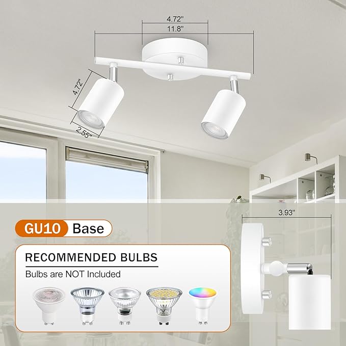 BoostArea LED 2 Light Track Lighting Kit, White 2 Way Ceiling Spot Lighting, Flexibly Rotatable Light Head for Kitchen, Living Room, Bedroom, GU10 Bulb Not Included