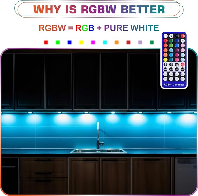 RGBWW Under & Above Shelf Light, Round LED Puck for Accent & Ambient Lighting, Color Changing & True Warm White, Remote Dimmable, Daisy Chain Linkable, 110 Volt Wall Plugged in, 4 Lights