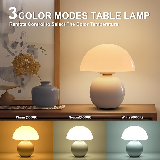 Cordless Cute Mushroom Lamp with Remote Control, 9 RGB, Cordless Lamps for Tables, 3 Color Temperature, Stepless Dimmable, Timer, Memory, Unique Aesthetic Home Decor for Living Room (White)