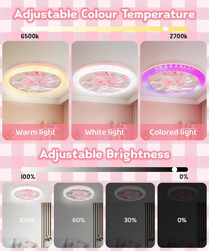 2 in 1 Wifi RGB-LED 20” Ceiling Fans with Lights and Remote, 3000-6500K Dimmable Flush Mount Smart Low Profile Ceiling Fan with Lights, Bluetooth Bladeless Fans with APP, for Bedroom, Pink