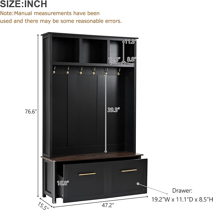 Merax 4-in-1 Hall Tree with Bench, Modern Versatile Multiple Storage Space with 6 Golden Hooks, 2 Drawers, Entryway Coat Rack for Living Room, Hallway, Black