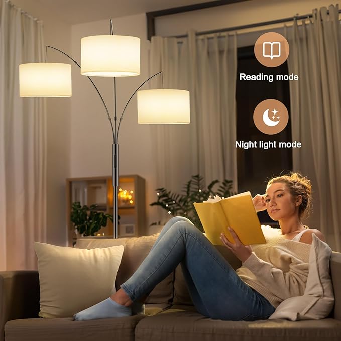 36W Dimmable Floor Lamp - 3 Lights Arc Floor Lamps Standing Lamp with Remote & Touch Control, Tall Lamp for Living Room Corner, Bedroom, Office