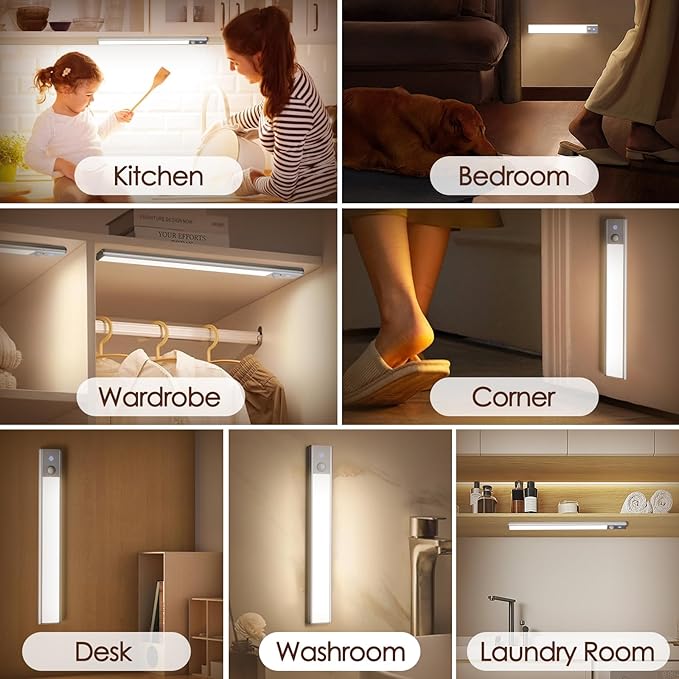 Quntis LED Under Cabinet Lighting Rechargeable, Wireless Motion Sensor Light Indoor, 2 Pack 12" 3000-6000K Dimmable Closet Lights Battery Operated, Magnetic/Stick on Under Counter Lights for Kitchen