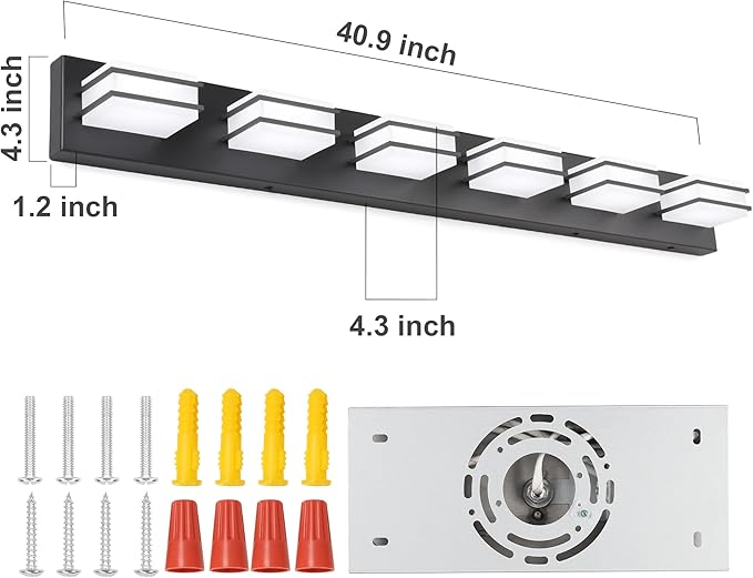3 Color Temperature Dimmable Vanity Lights for Bathroom, Black 6 Light Vanity Light Fixtures, Acrylic Stainless Steel Square Shade Light Fixtures for Bathroom Above Mirror, ETL Certificated
