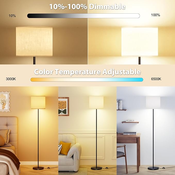 Keepsmile Dimmable Floor Lamps for LivingRoom with 12W LED Bulb, Foot Switch, Remote Custom Color Temperature Floor Light, Linen Shade Standing Lamps, Modern Tall Lamp for Office Bedroom Kid Room