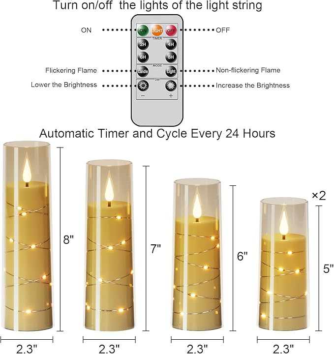 Wondise Flameless Flickering Candles with Embedded Star String Remote and Timer Battery Operated Flickering LED Candles Durable Acrylic Shell Pillar Candles for Christamas Home Decoration (5pack