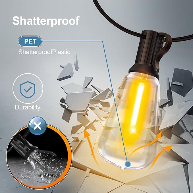Outdoor String Led Patio Lights - 200Ft 60M Outside Waterproof Light with Remote Dimmable ST38 Shatterproof Bulb Hanging Outdoor Electric Lighting for Backyard Yard Gazebo Porch Party