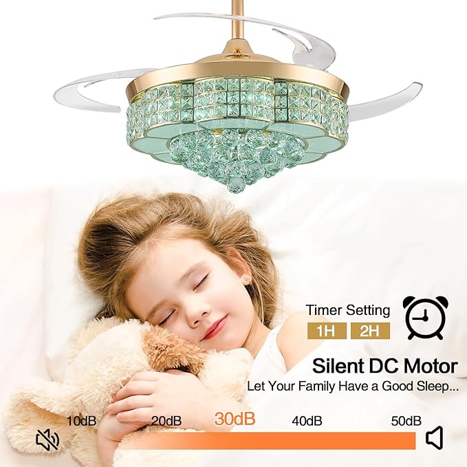 RGB Ceiling Fan with Light,36 Inch Fandelier Crystal 6-Speed Silent Reversible Remote APP Control LED Chandelier Speaker Dimmable Bluetooth, Gold