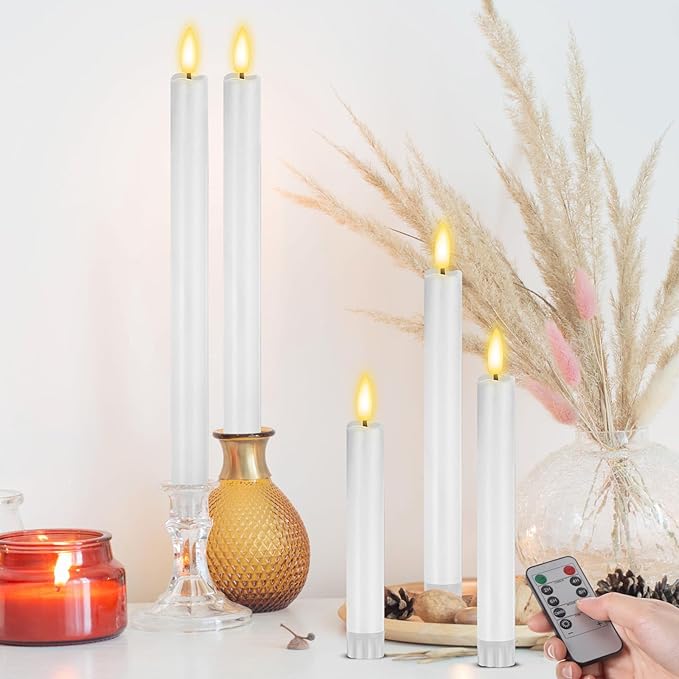 10 Pcs Flameless Taper Candles with Remote Battery Operated Taper Candles Include 6.5'' 7.7" 8.9" 10" 11.2" Fake LED Electric Candle Sticks for Valentine's Day Home Wedding Decor (White)