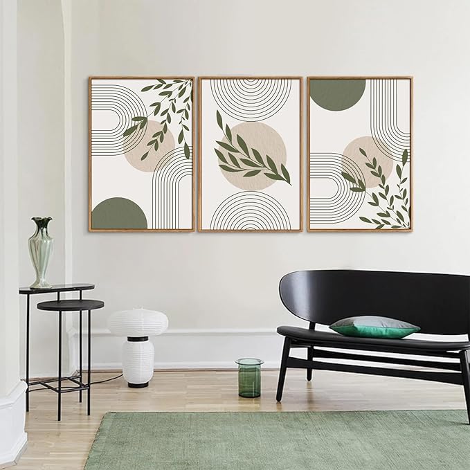 YeeHomedec Boho Sage Green Framed Canvas Wall Art, Mid Century Modern Wall Decor, Large Minimalist Art Print, Abstract Geometric Leaf Art Painting for Bathroom Living Room Bedroom Office 16"x24"x3