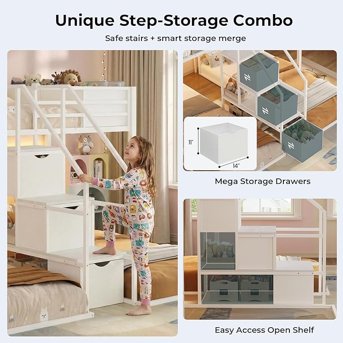 ADORNEVE Triple Bunk Bed Twin Over Twin with Storage Staircase, RGB Lights & Power Outlets, Heavy Duty Metal 3 Bunk Beds with Drawers & Headboard Shelf, Safety Guardrails, for Kids, White