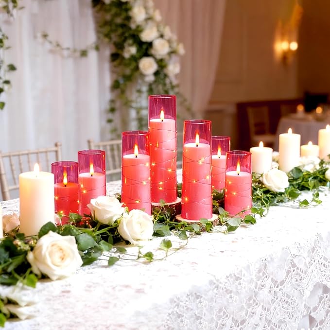 Flickering Flameless LED Candles,Battery Operated Candles 9 Pcs with Embedded Star String,Acrylic LED Pillar Candles with Remote,Suitable for Home Decoration to Create an Atmosphere (Pink)