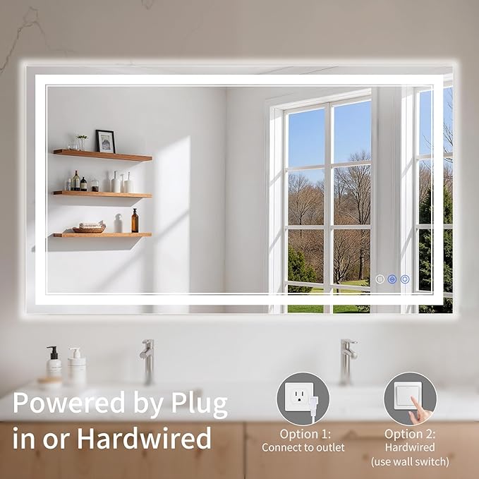 30"x50" LED Bathroom Mirror with Lights, Anti-Fog, Backlit + Front Lit, Dimmable, Led Vanity Mirror for Wall, Lighted Bathroom Mirror, 3 Colors, Shatter-Proof Tempered Glass