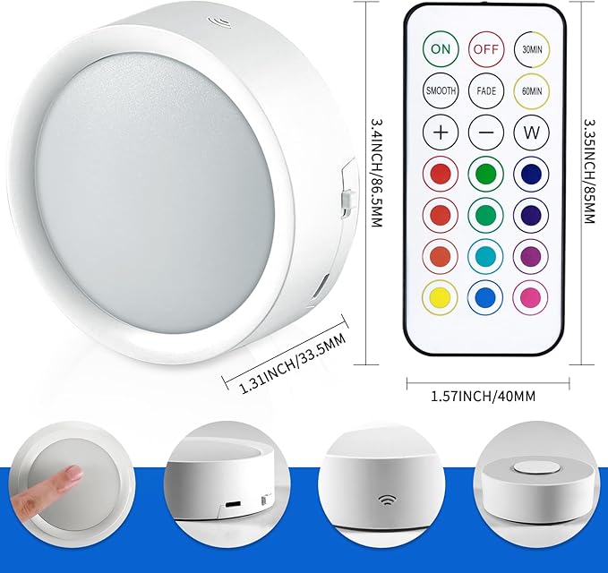 Magnetic LED Under Cabinet Lights, 3 Pack Rechargeable LED Puck Push Light with Wireless Remote Control, 13 Colors Dimmable RGBW Lighting and Timer Function for Kitchen Bedroom Lighting
