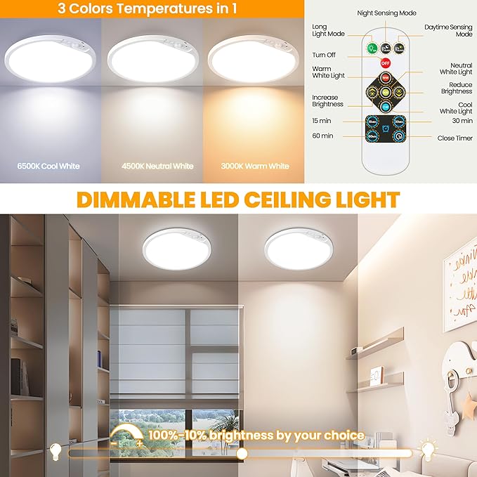 SunRider 12 Inch Rechargeable Motion Sensor LED Ceiling Light with Remote, Wireless Dimmable 3CCT Battery Operated LED Closet Lights for Stair Hallway