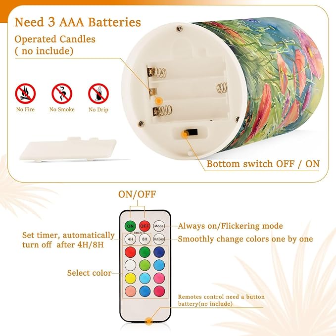 Watercolor Flower Pattern Flameless Candles Color Changing LED Candles with Remote Control Battery Candles for Outdoor and Indoor Home and Room Decoration, 3'' x 4''/5'' Set of 2 Pieces