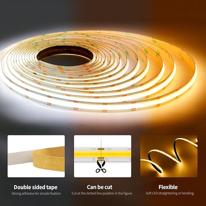 COB LED Strip Lights, 16.4ft DC 12V Tunable White 2700K- 6500K COB LED Strip Light Work with Alexa Google, RF Remote and App Control Sync Music LED Strip for Living Room, Shelf, Cabinet