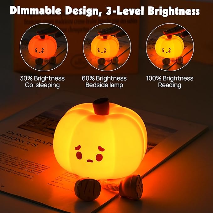 Cute Silicone Pumpkin Night Light, Rechargeable Dimmable Nursery Nightlight, Bedside Touch Lamp for Breastfeeding, Pumpkin Decor for Fall Decorations