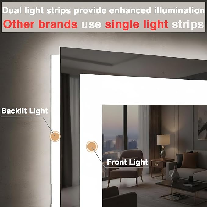 48"x32" LED Bathroom Mirrors for Wall, Front and Backlit Mirror, Anti-Fog Vanity Mirror with Lights, Stepless 3 Colors Dimmable Lighted Mirror(Horizontal/Vertical)